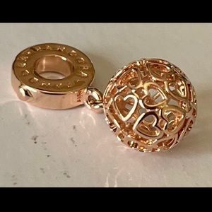 Pandora charm open work heart ball 14k rose gold plated .